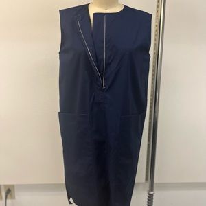 Celine zipper front double pocket navy shift dress side slit work dress designer